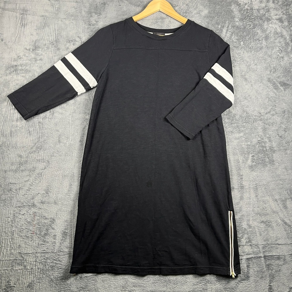 J Crew Varsity Dress Womens L Black Stripe Knitted 3/4 Sleeve Side Zip Shift